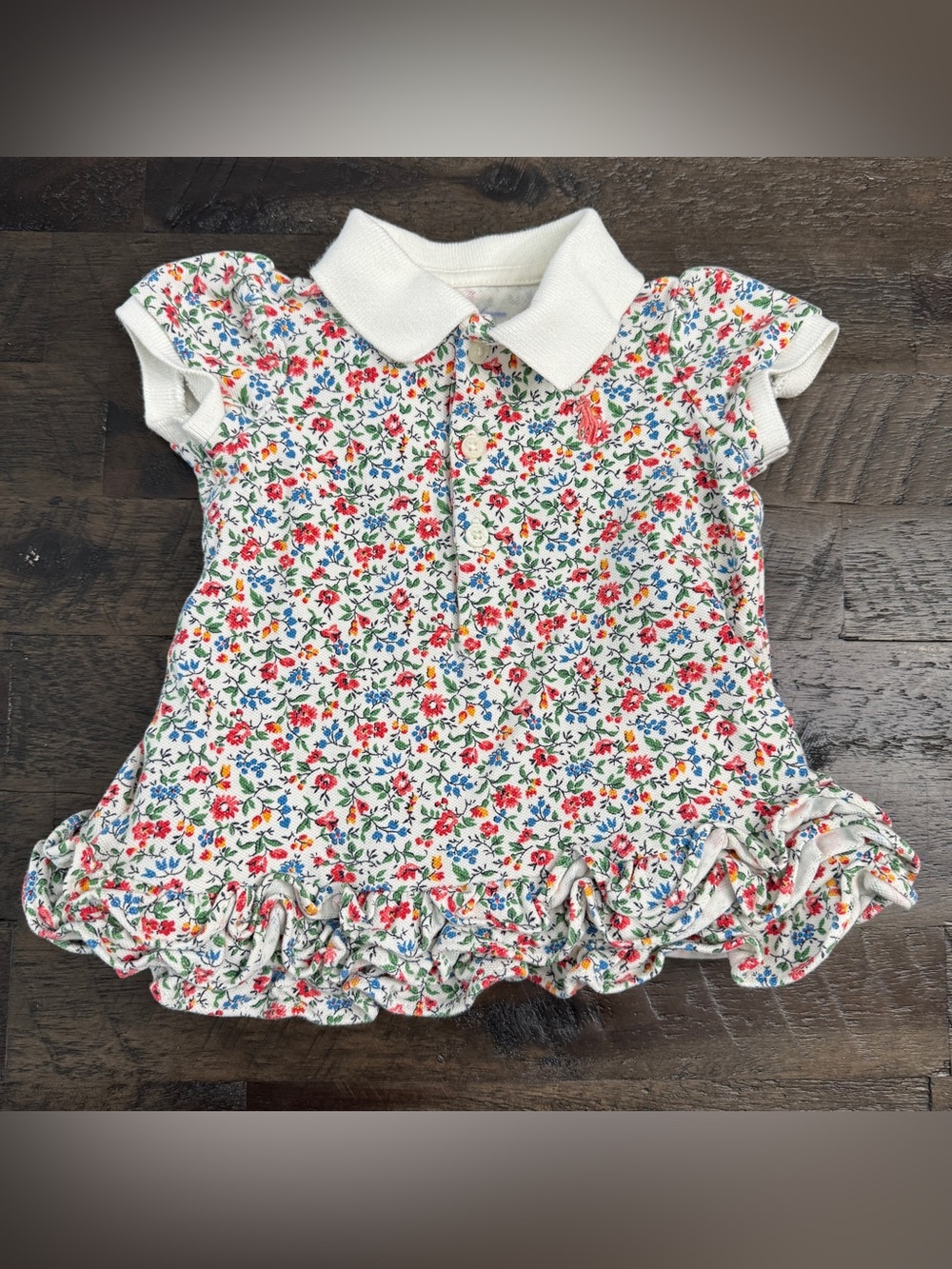 3m Ralph Lauren Baby White Pique Polo Ruffle Dress with Multi-Color Floral Print